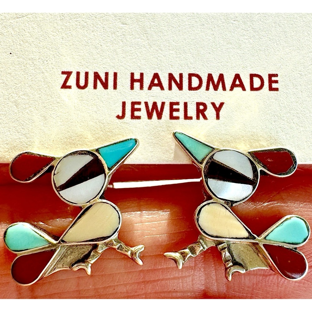 Native American Roadrunner Stud Earrings Zuni Turquoise Inlay Sterling 925 Small